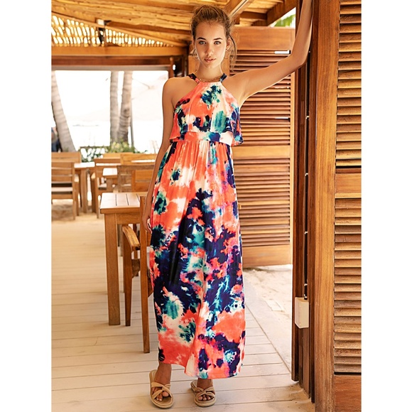 Rouge! Dresses & Skirts - Tie Dye Halter Ruffle Top Maxi Dress Multicolor